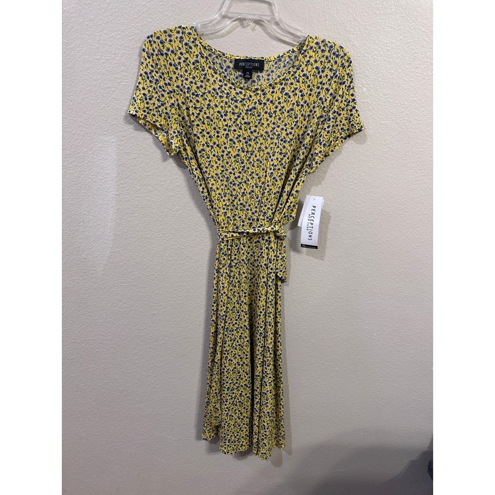 Perceptions Petite Yellow Blue Floral Print Dress Short Sleeve PM